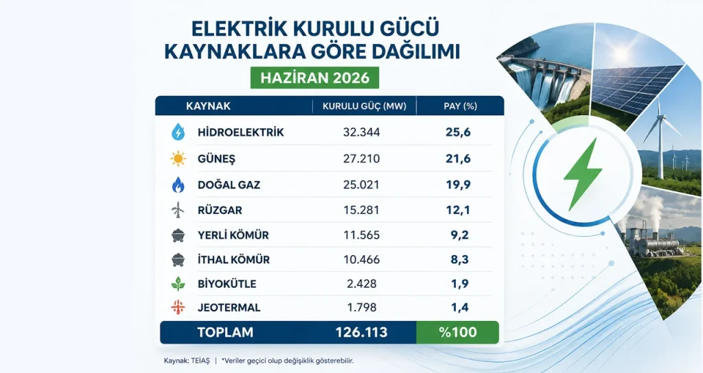 T&uuml;rkiye&rsquo;nin Elektrik Kurulu G&uuml;c&uuml; Haziran 2026